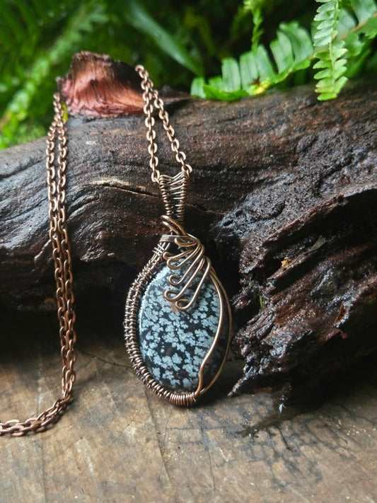 Snowflake Obsidian Copper Wire Wrapped Handmade Pendant Necklace - Jewellery Australia