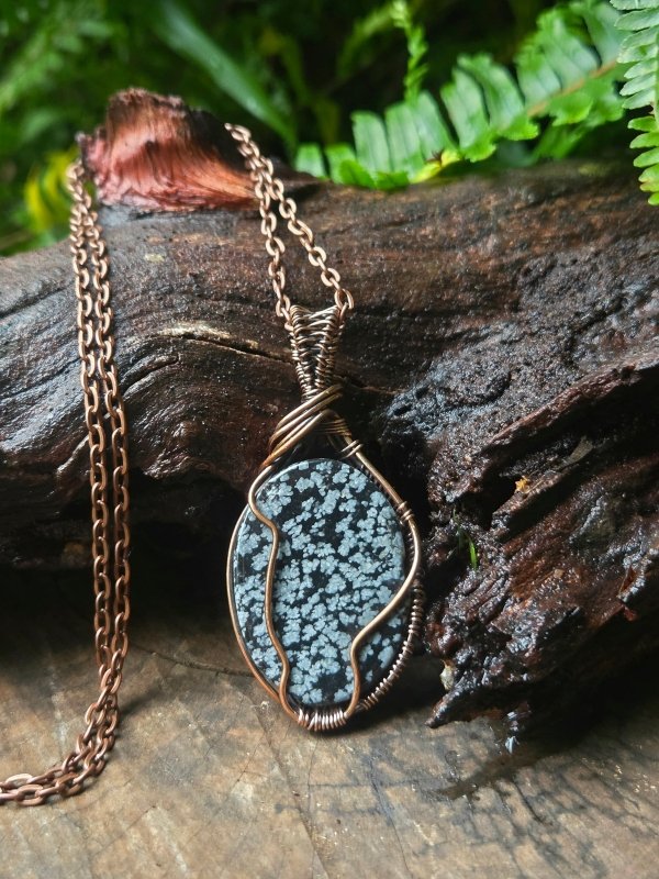 Snowflake Obsidian Copper Wire Wrapped Handmade Pendant Necklace - Jewellery Australia