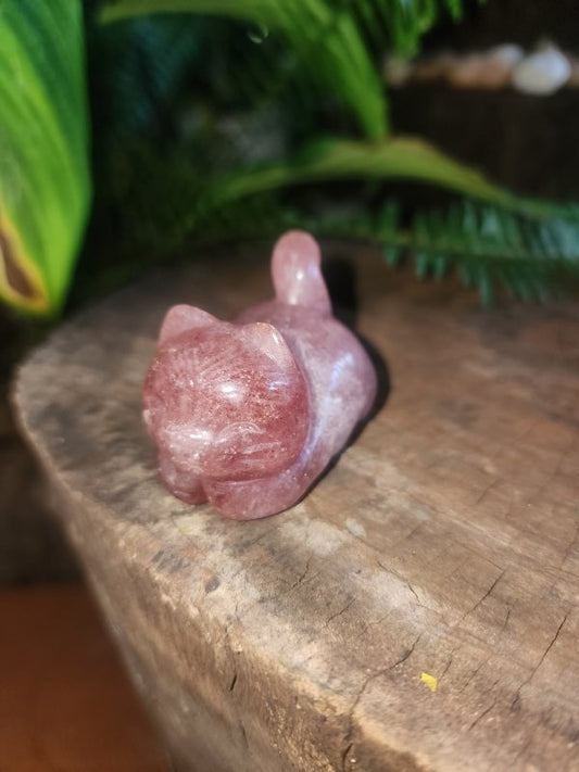 Strawberry Quartz Cat Carving - Crystals Australia