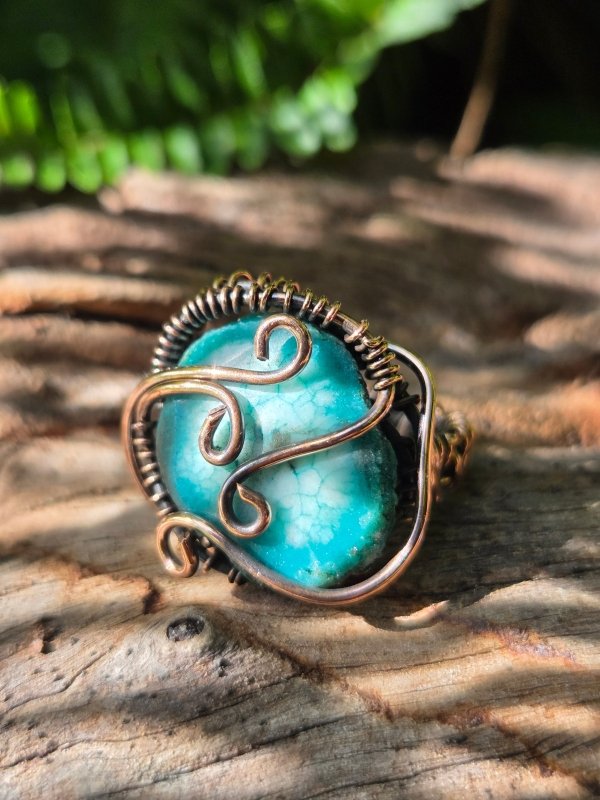 Teal Druzy Agate Copper Wire Wrapped Ring - Jewellery Australia