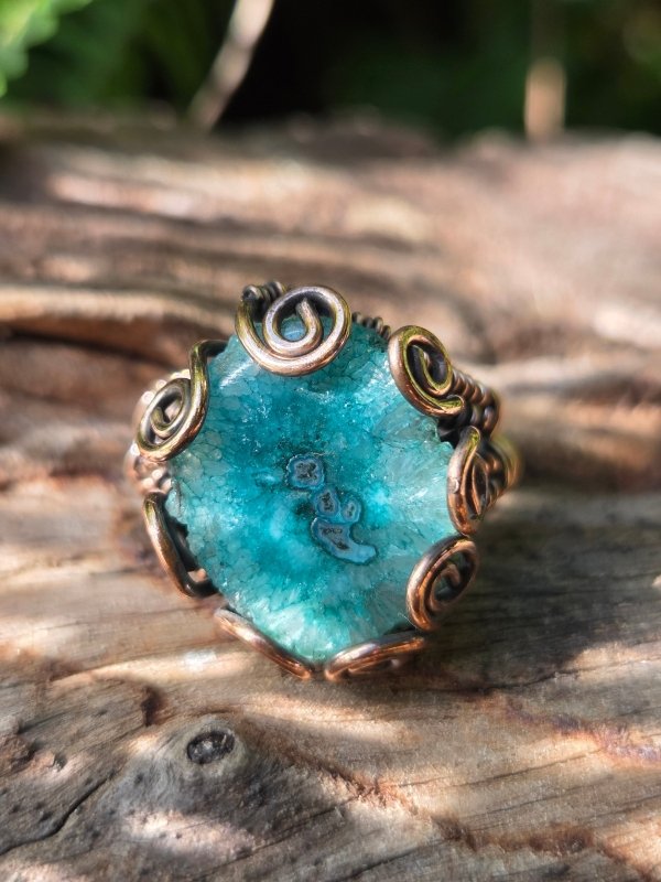 Teal Druzy Agate Copper Wire Wrapped Ring - Jewellery Australia