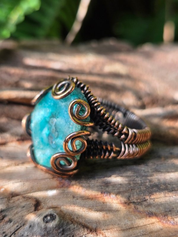Teal Druzy Agate Copper Wire Wrapped Ring - Jewellery Australia