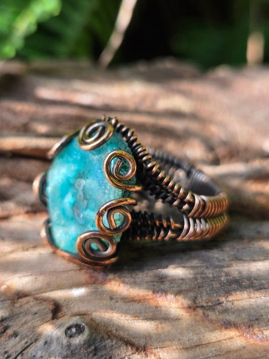 Teal Druzy Agate Copper Wire Wrapped Ring - Jewellery Australia