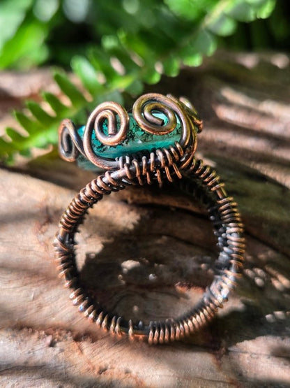 Teal Druzy Agate Copper Wire Wrapped Ring - Jewellery Australia