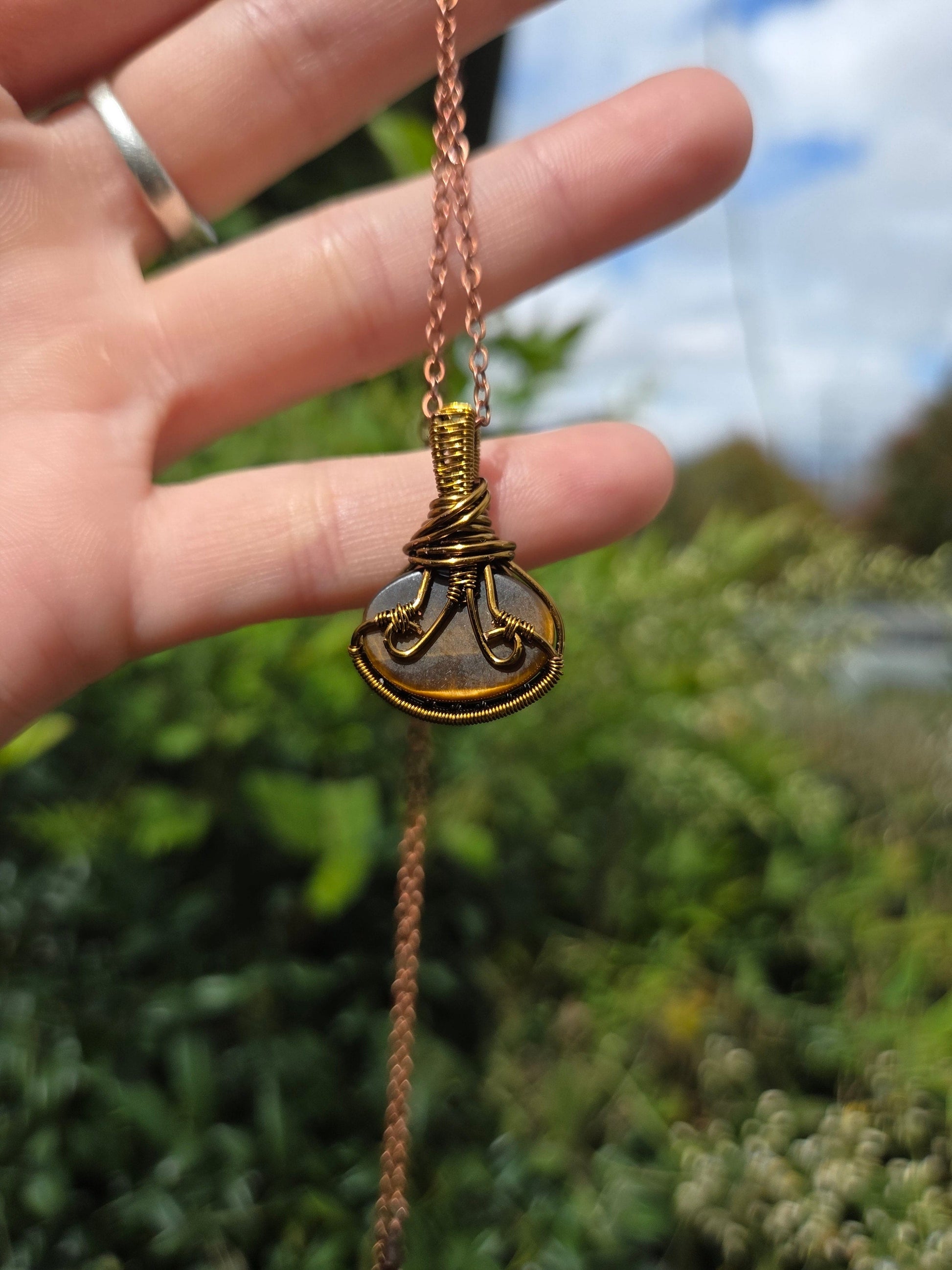 Jewellery Tigers Eye Bronze Copper Wire Wrapped Pendant Necklace
