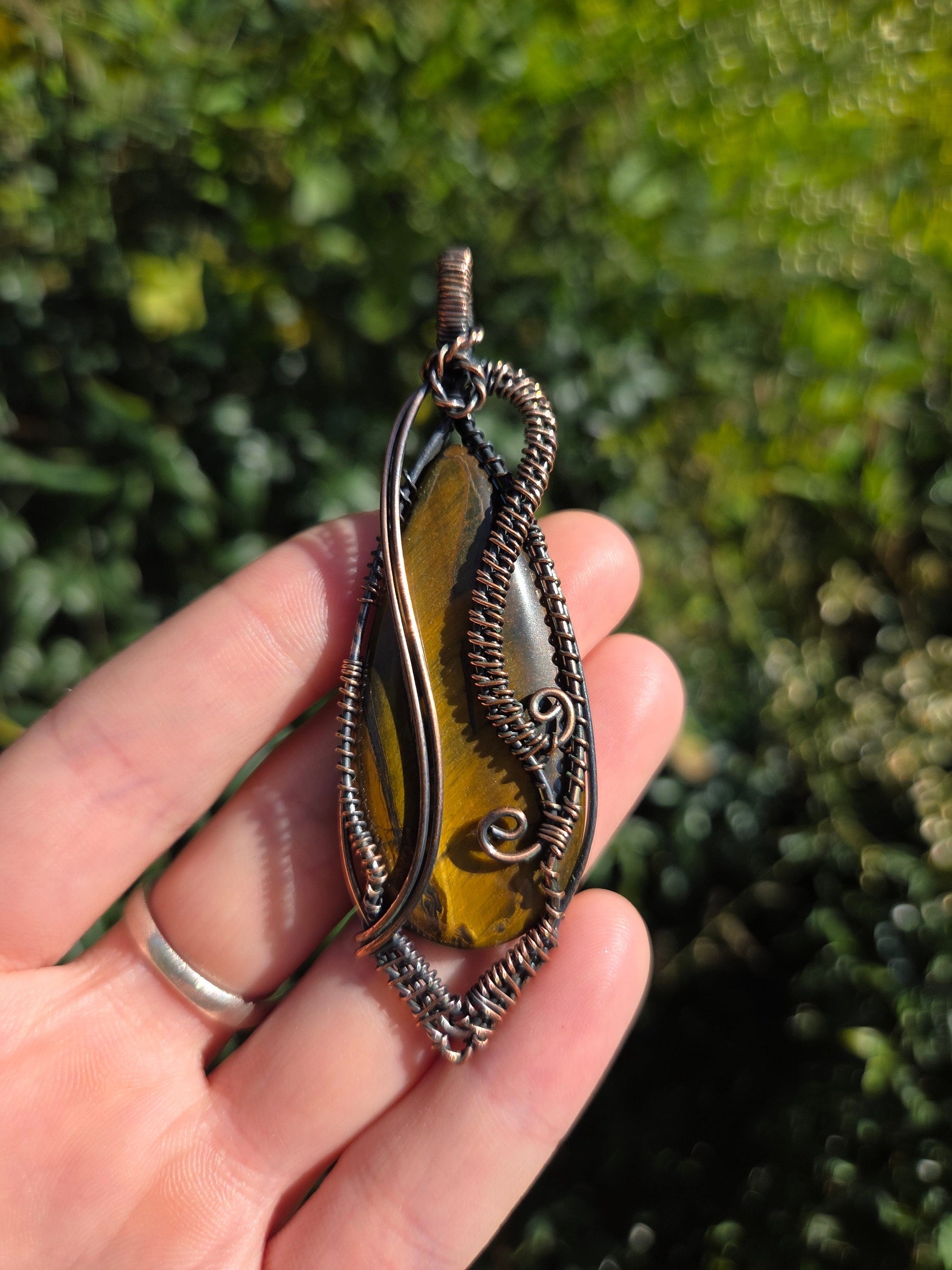Copper Tigers Eye Copper Wire Wrapped Pendant Necklace