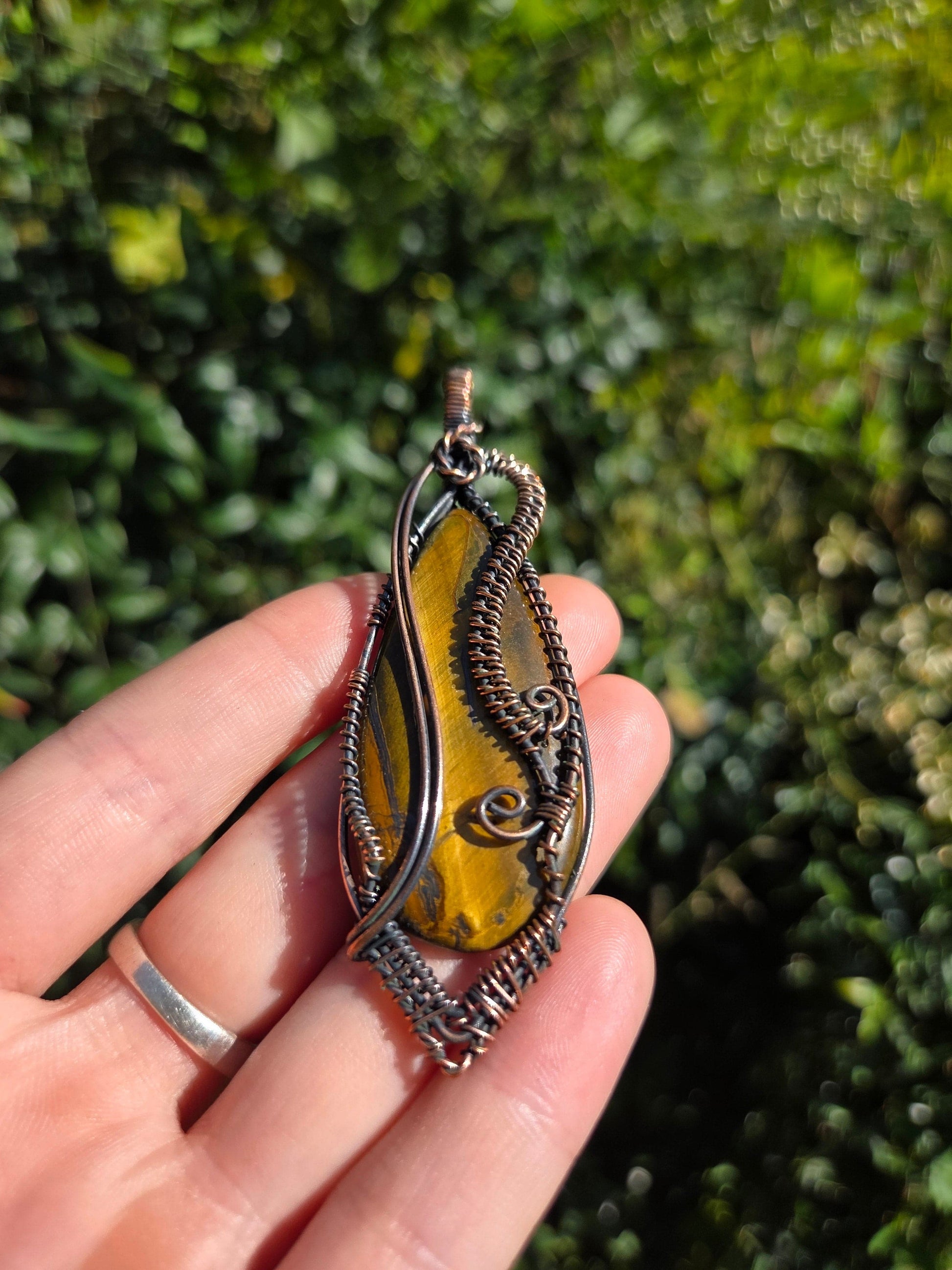 Copper Tigers Eye Copper Wire Wrapped Pendant Necklace