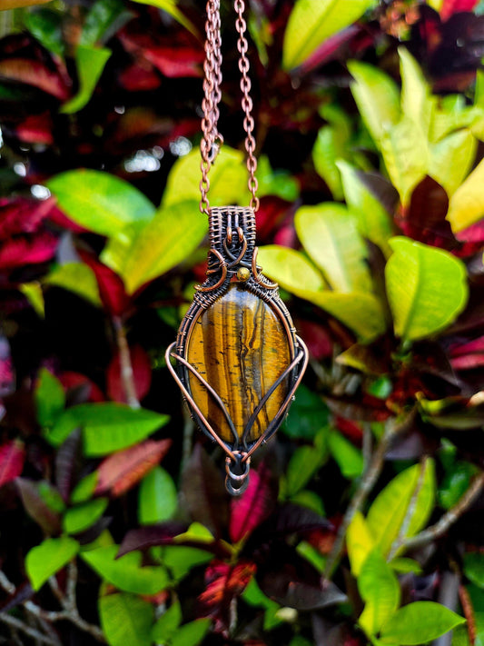 Jewellery Tigers Eye Crystal Copper Wire Wrapped Pendant Necklace