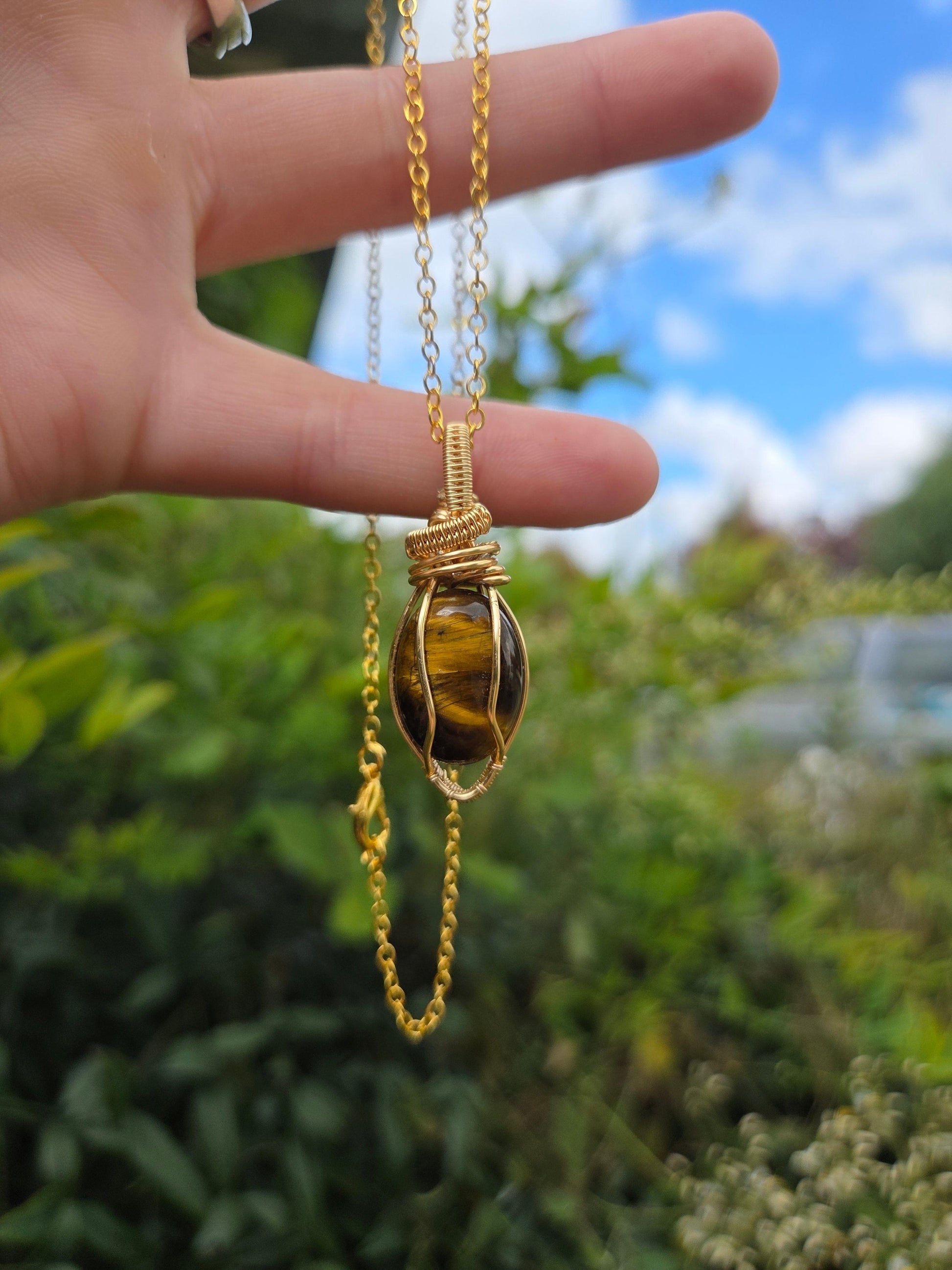 Copper Wire Wrap Crystal Tigers Eye Gold Copper Wire Wrap Pendant Necklace
