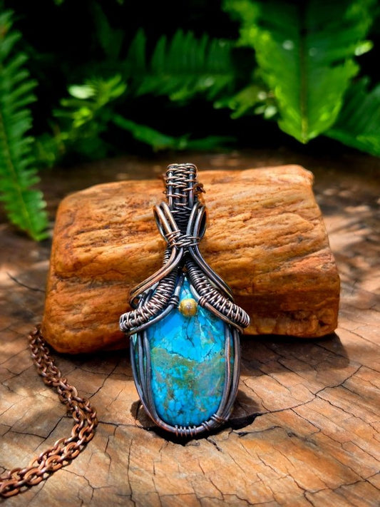 Turquoise Crystal Copper Wire Wrapped Handmade Pendant Necklace - Jewellery Australia