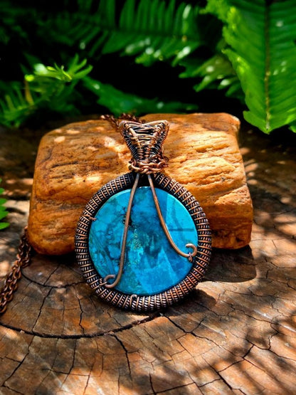 Turquoise Crystal Copper Wire Wrapped Handmade Pendant Necklace - Jewellery Australia