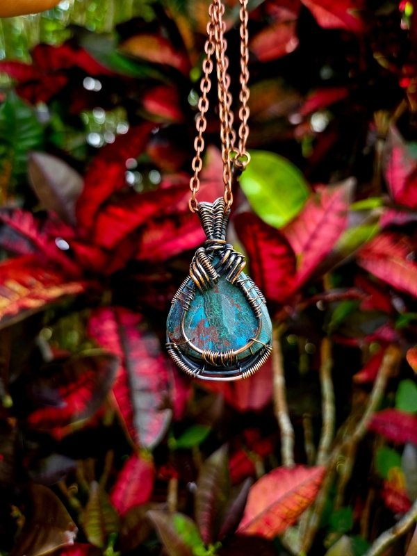 Turquoise Crystal Pendant Necklace - Copper Wire Wrapped - Jewellery Australia