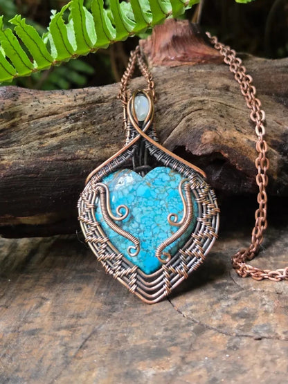 Turquoise Heart with Moonstone Copper Wire Wrapped Pendant Necklace - Jewellery Australia