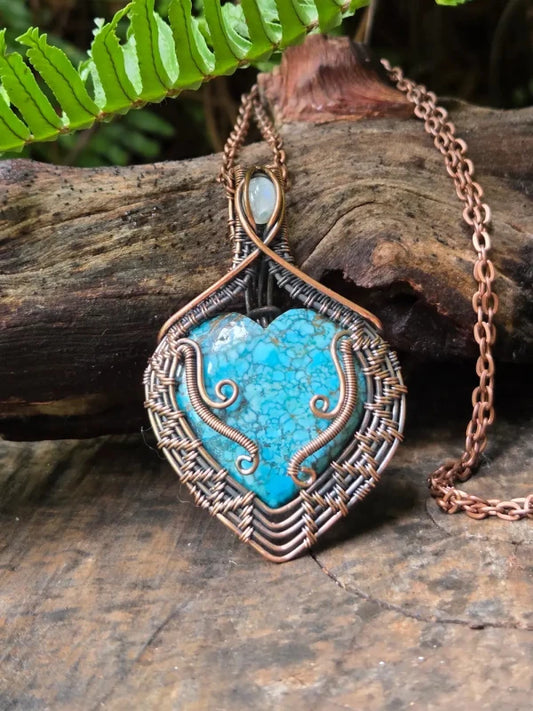 Turquoise Heart with Moonstone Copper Wire Wrapped Pendant Necklace - Jewellery Australia