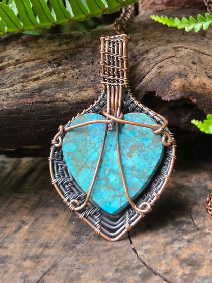 Turquoise Heart with Moonstone Copper Wire Wrapped Pendant Necklace - Jewellery Australia