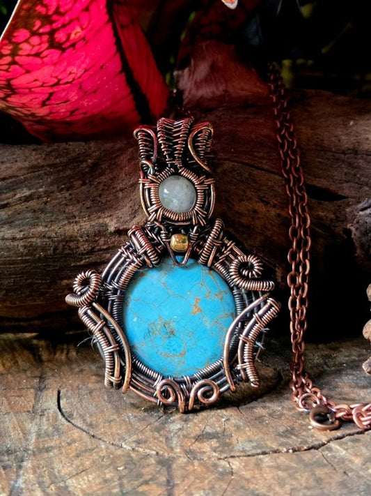 Turquoise & Moonstone Copper Wire Wrapped Pendant Necklace - Jewellery Australia