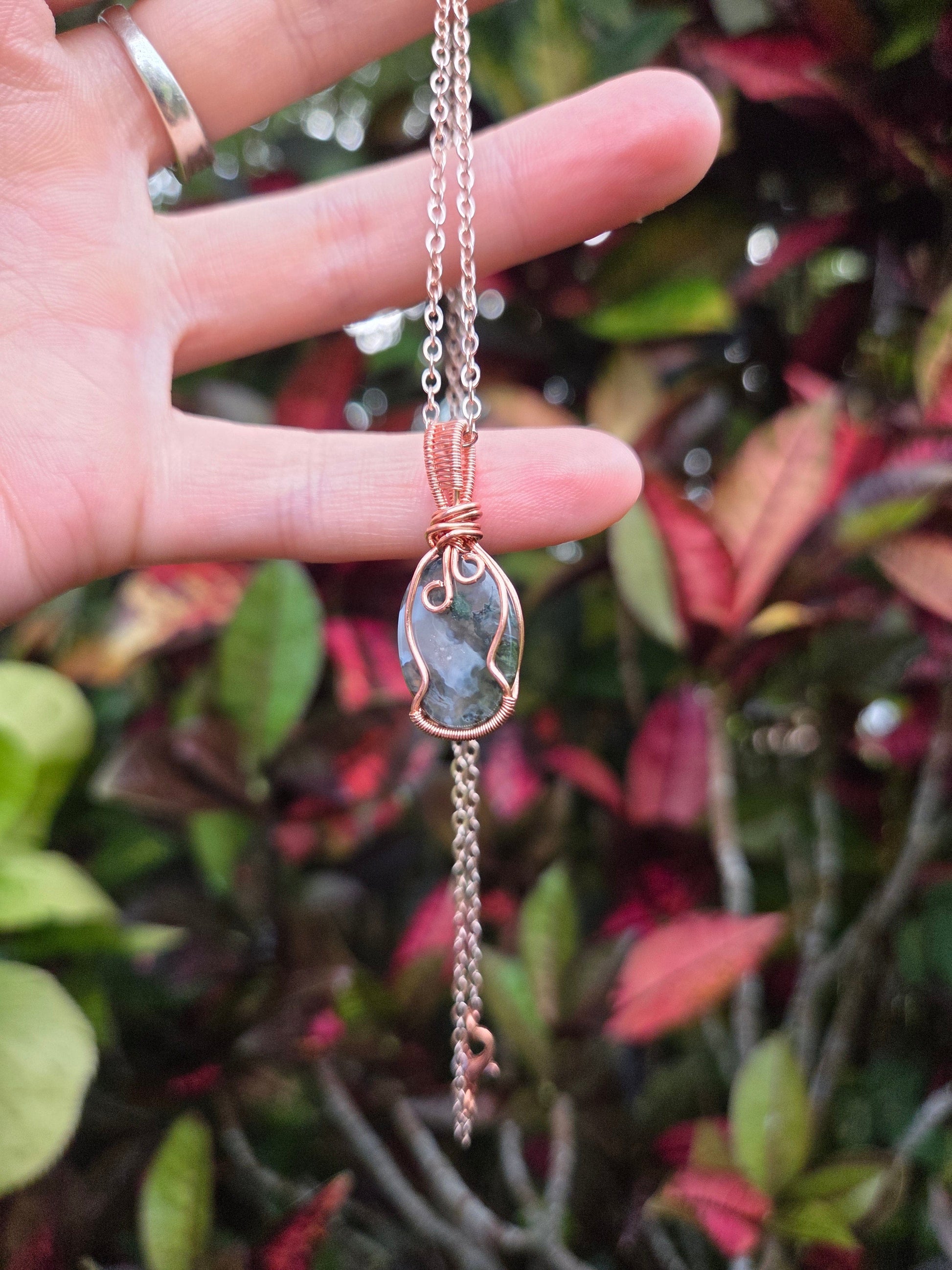 Jewellery Water Grass Agate Copper Wire Wrapped Pendant Necklace