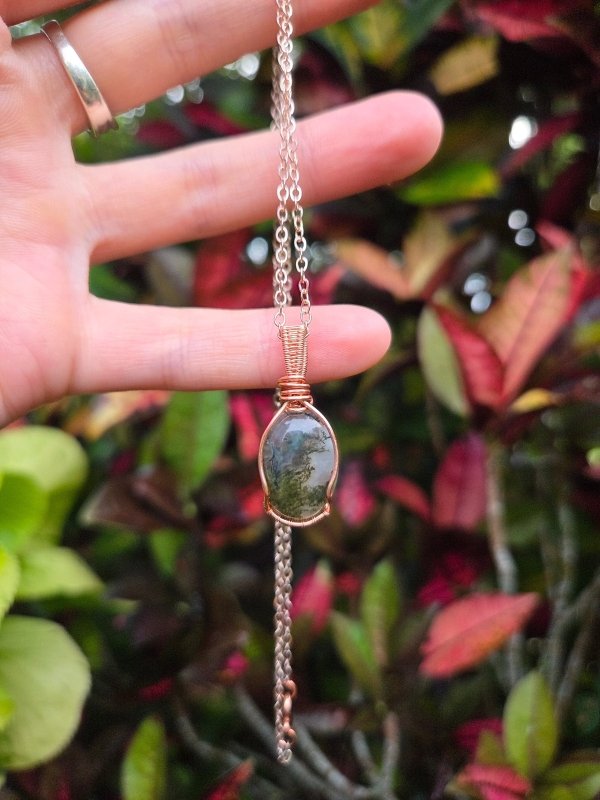 Water Grass Agate Crystal Copper Wire Wrapped Handmade Pendant Necklace - Jewellery Australia