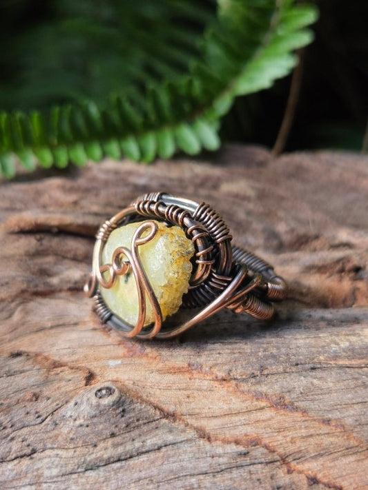Yellow Druzy Agate Copper Wire Wrapped Ring - Jewellery Australia