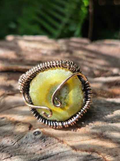 Yellow Druzy Agate Copper Wire Wrapped Ring - Jewellery Australia