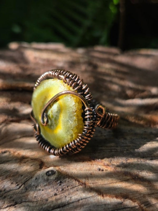 Yellow Druzy Agate Copper Wire Wrapped Ring - Jewellery Australia