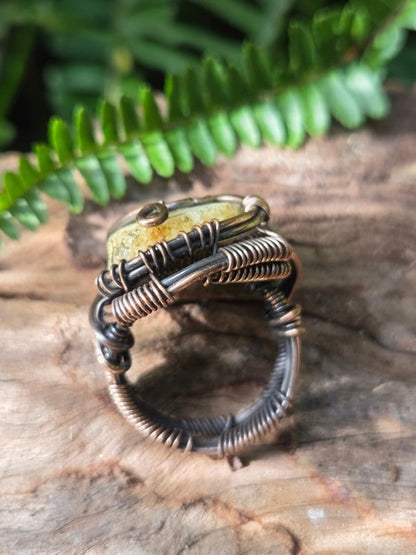 Yellow Druzy Agate Copper Wire Wrapped Ring - Jewellery Australia