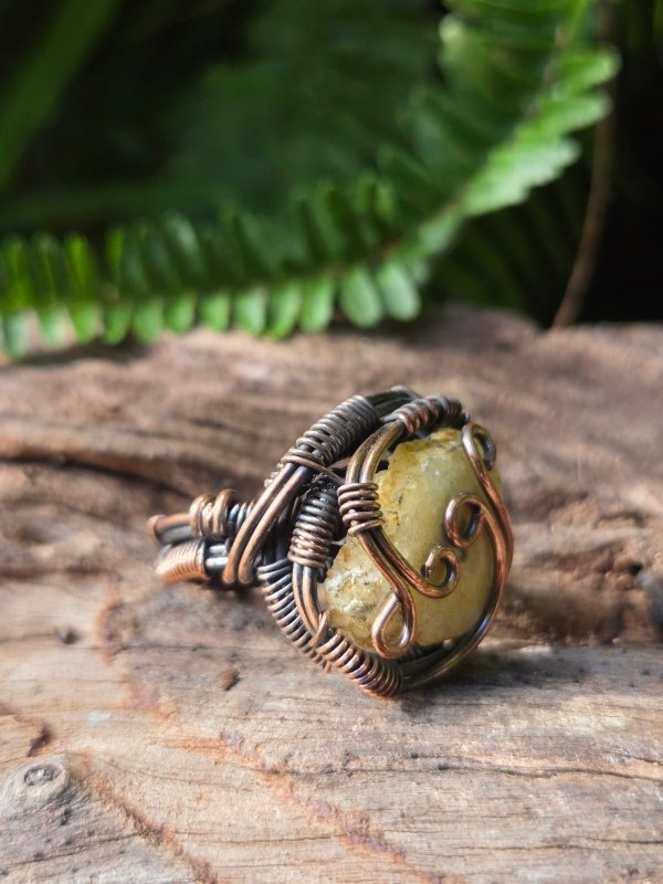 Yellow Druzy Agate Copper Wire Wrapped Ring - Jewellery Australia