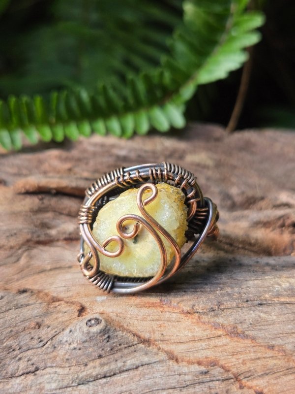 Yellow Druzy Agate Copper Wire Wrapped Ring - Jewellery Australia