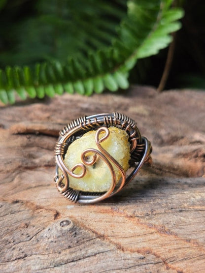 Yellow Druzy Agate Copper Wire Wrapped Ring - Jewellery Australia