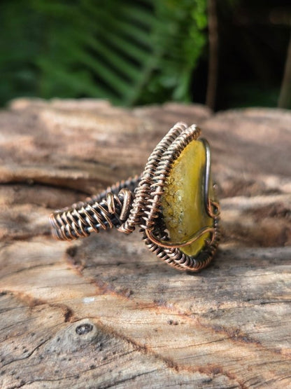Yellow Druzy Agate Copper Wire Wrapped Ring - Jewellery Australia