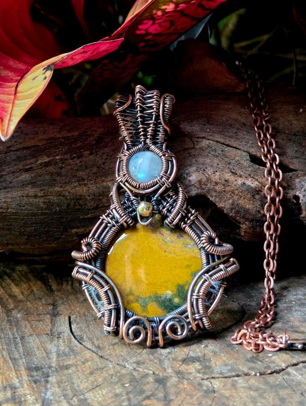 Yellow Jasper & Moonstone Copper Wire Wrapped Pendant Necklace - Jewellery Australia