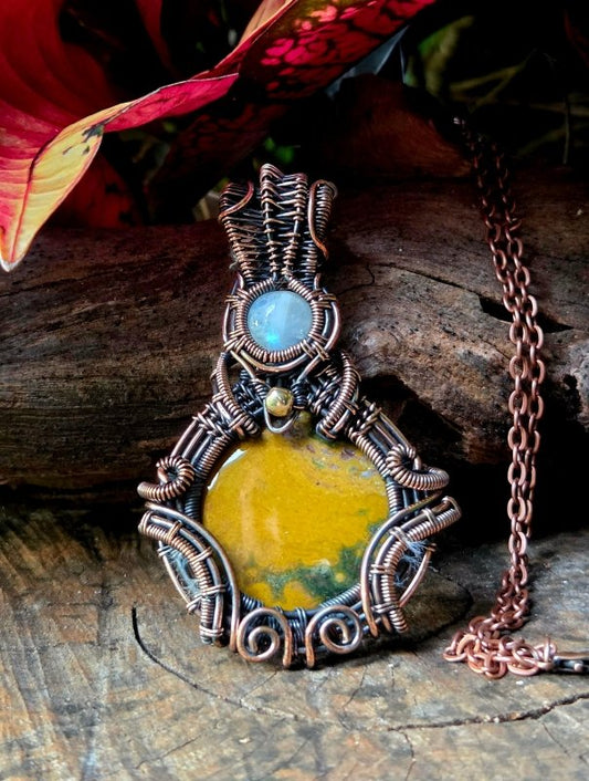 Yellow Jasper & Moonstone Copper Wire Wrapped Pendant Necklace - Jewellery Australia