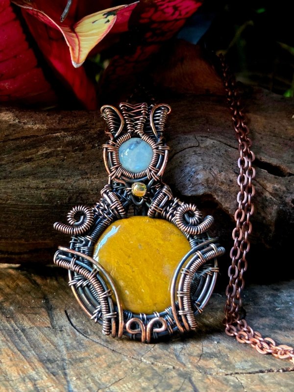 Yellow Jasper & Moonstone Copper Wire Wrapped Pendant Necklace - Jewellery Australia